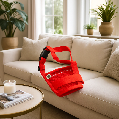 museliere rouge ajustable et confortable sur le sofa salon
