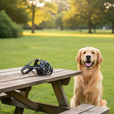 museliere sur un banc chien assis cote sur un parc