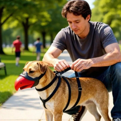 museliere yorkshire silicone promenades rassurantes chien et maitre au parc