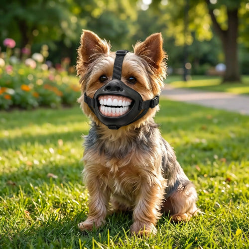 muselière yorkshire souriant chien assis