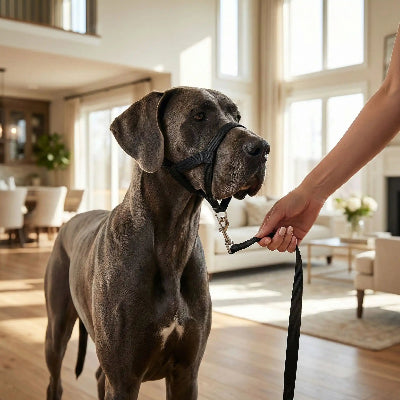 musoliere chien anti morsure noir a interieur de la maison avec son maitre