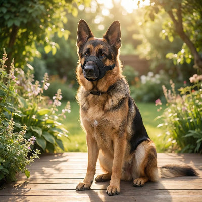musoliere chien anti morsure noir assis dehors dans le jardin