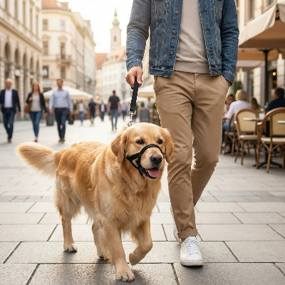 musoliere chien anti morsure noir au centre ville avec son maitre