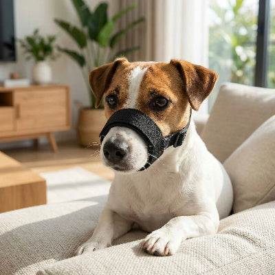 musoliere chien anti morsure noir chien assis sur le sofa