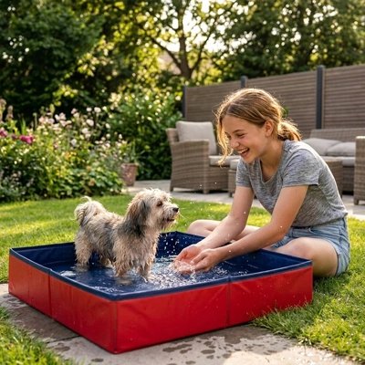 Piscine Chien dans l eau jeune fille lui sourit