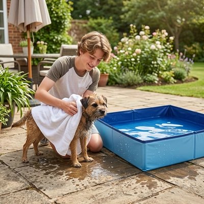 Piscine Chien jeune garçon sèche son chien avec une serviette