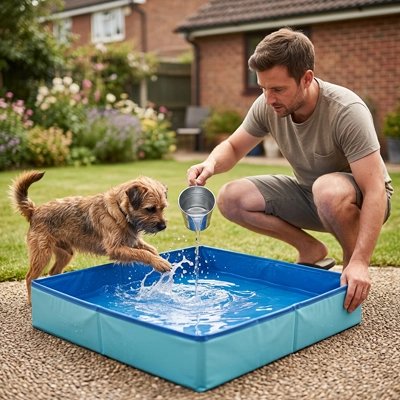 Piscine Chien maître ajoute de l eau