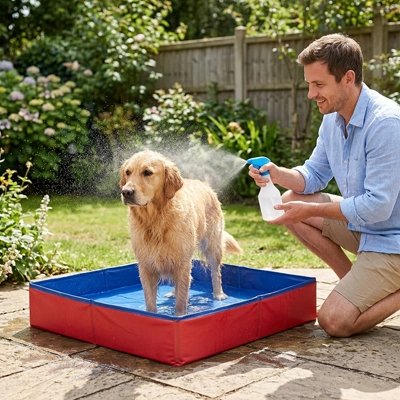 Piscine Chien rouge maître lave son chien