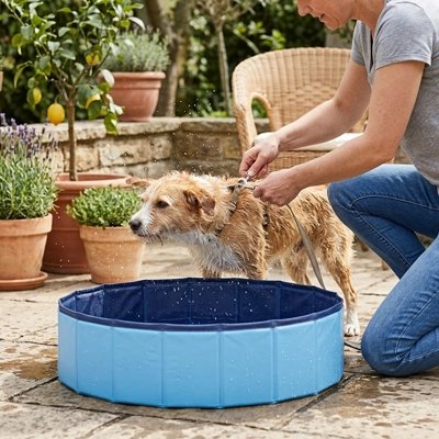 Piscine pour Chien maître lave son chien