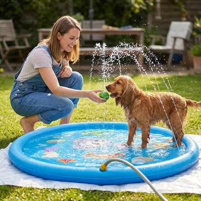 Piscine pour Chien maître lui sourit ballon dans la main