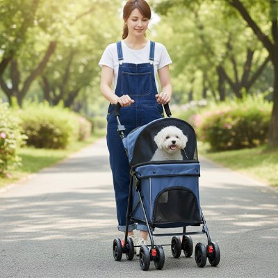Poussette chien bleu fonce se promene avec le maitre