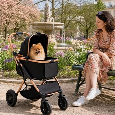 Poussette pour Chien au parc avec son maître lui sourit