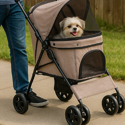 poussette pour Chien beige chien dedans maître le pousse