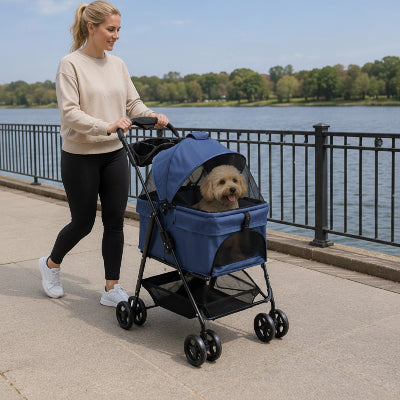 poussette pour chien confortable  et pratique bleu maitre