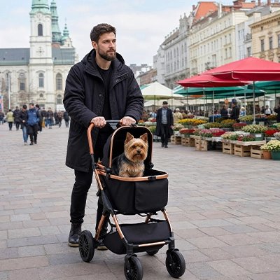 Poussette pour Chien noir maître se promène son chien