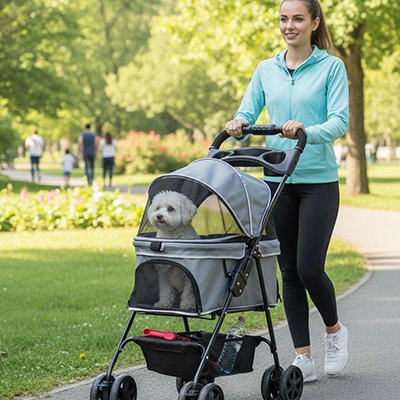 Poussette pour Chien promenade assuree maitre balade dans un parc