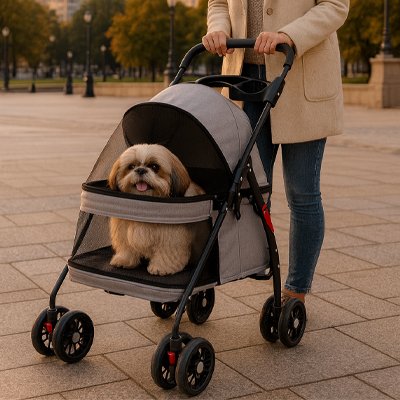 Poussette pour chien security-mobility gris maitre balade avec son chien en soire