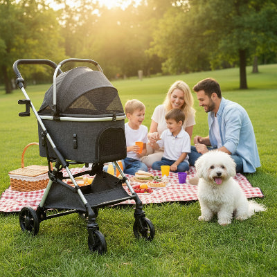 poussettes pour chiens gris foncé dans un parc en famille 
