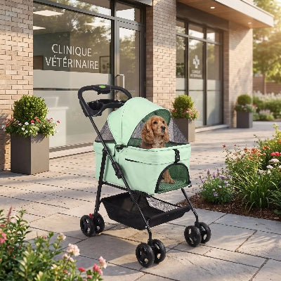 poussettes pour chiens portable et durable devant la clinique vétérinaire
