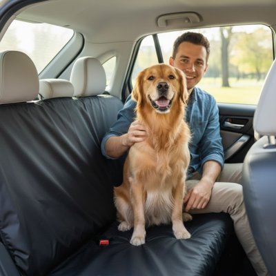 Protection chien voiture jeune homme assis à côté 