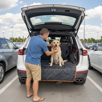 Protection chien voiture maître dans un parking avec son chien 