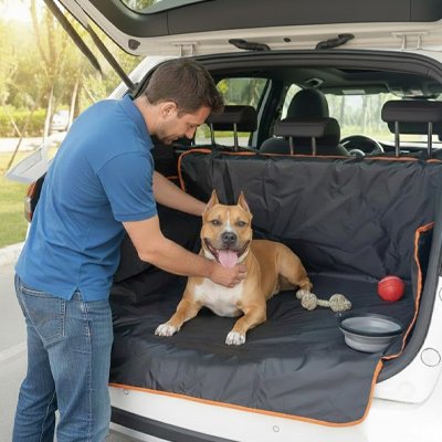 Protection chien voiture maître devant son chien dans la valise