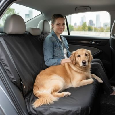 Protection chien voiture  noir jeune fille assis à côté 