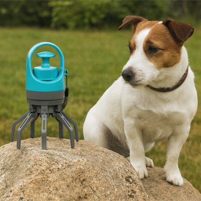 ramasse crotte chien Hygienique sur une pierre chien regarde
