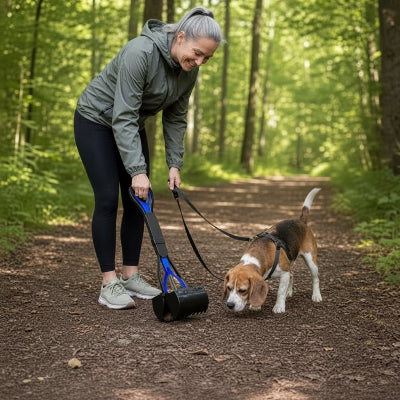 Ramasse crotte chien​ bleu maître dans la forêt avec son chien