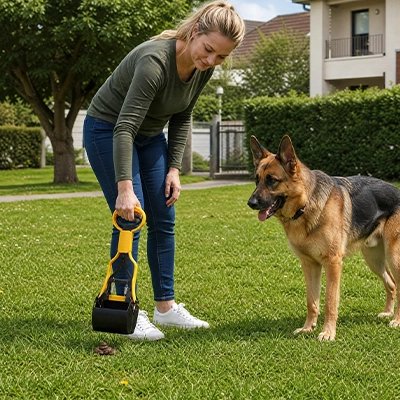 Ramasse crotte chien​ jaune maître sur la pelouse 