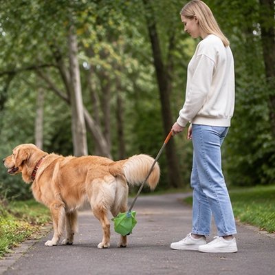 Ramasse crotte chien​ maître ramasse dans forêt 