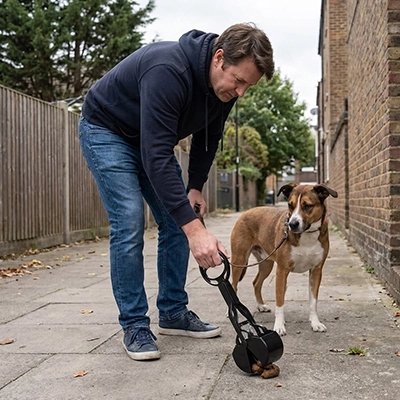 Ramasse crotte chien​ noir maître à côté la maison