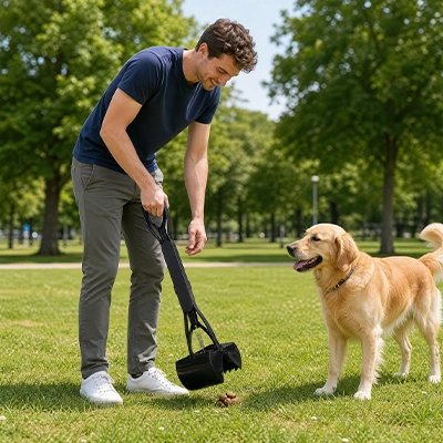 Ramasse crotte chien​ noir maître dans un parc
