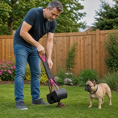 Ramasse crotte chien​ rose petit chien et maître 