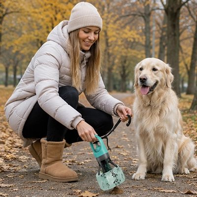 Ramasse crotte chien​ vert maître balade avec son chien en automne 