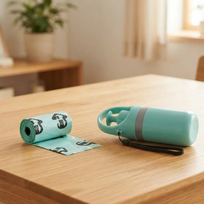 Ramasse crotte chien​ vert sur une table en bois