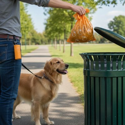 sac a crotte biodegradable orange rouleaux au ceinture chien a cote sac dans poubelle