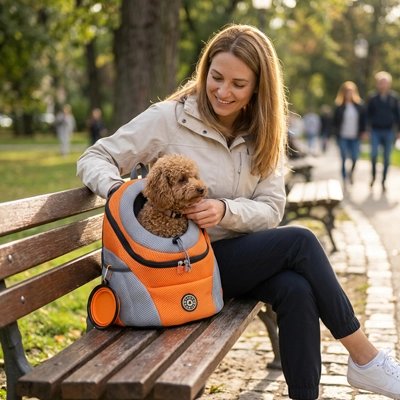 Sac a dos chien orange maître assis sur un banc avec son chien dans un parc