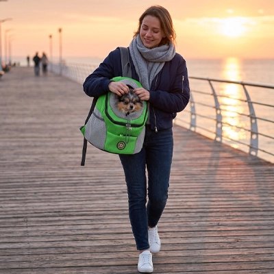 Sac a dos chien promène au bord de l'eau avec son maître 