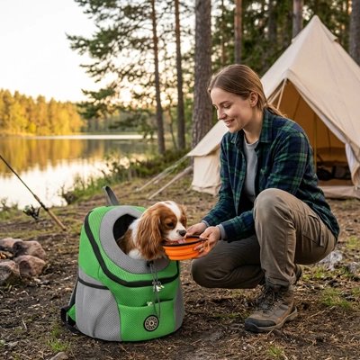 Sac a dos chien vert en camping 