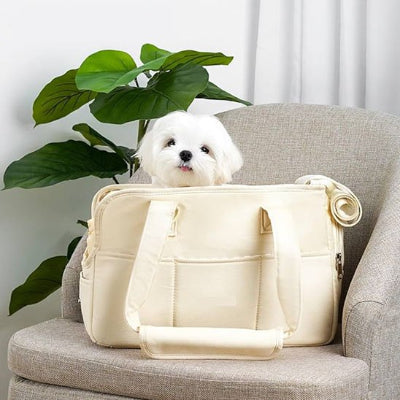 Sac a dos chiens beige sur la chaise 