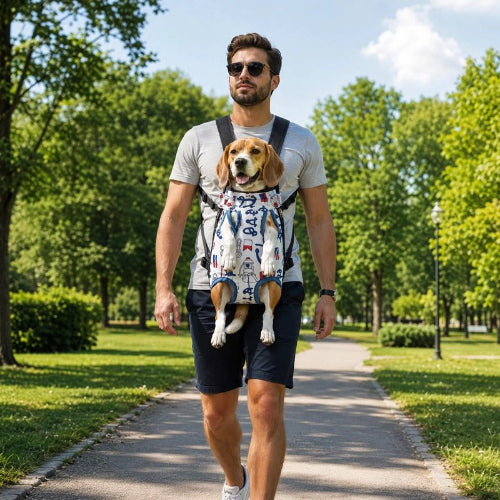 Sac a dos chiens corsair canvas chien sur la poitrine de son maître 