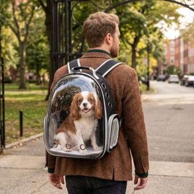 Sac a dos chiens noir sans couvercle sur le dos de son maître 