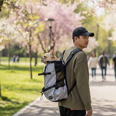 Sac à dos pour chien aventure en Sécurité gris chien sur le dos maitre