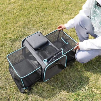 Sac a dos pour chien liberte sac sur la pelouse maitre a cote