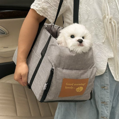 Sac de transport pour Chien voyage sécurisant chien sur epaule de son maitre dans son sac
