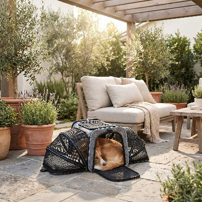 sac de transport pour chien bleu à côté chaise