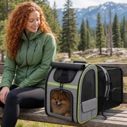 Sac de transport pour Chien dans la forêt à côté de son maître 