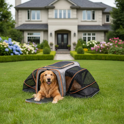 sac de transport pour chien orange devant la maison
