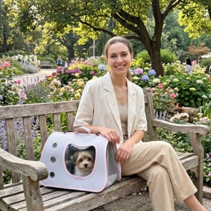 Sac de transport pour Chien rose sur un banc maître à côté 